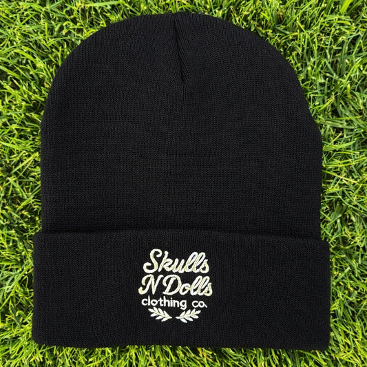 Skulls N Dolls Script Logo Beanie - Black/Olive Green/Tan