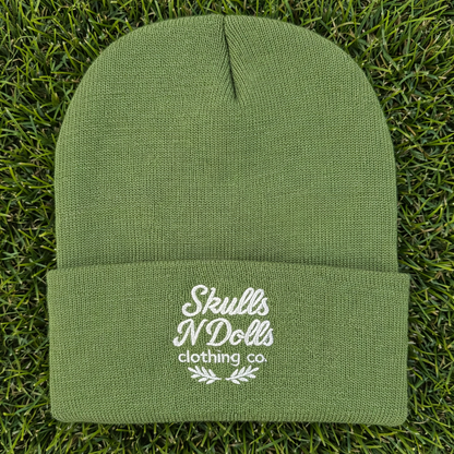Skulls N Dolls Script Logo Beanie - Black/Olive Green/Tan