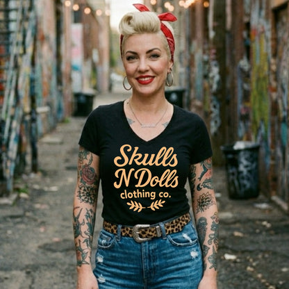 Women’s Skulls N Dolls Classic Script V-Neck