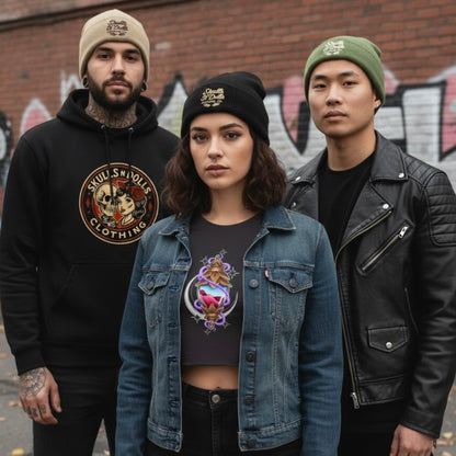 Skulls N Dolls Script Logo Beanie - Black/Olive Green/Tan