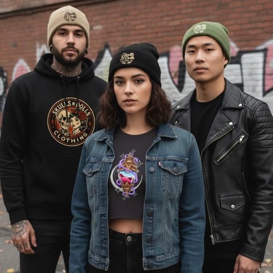 Skulls N Dolls Script Logo Beanie - Black/Olive Green/Tan