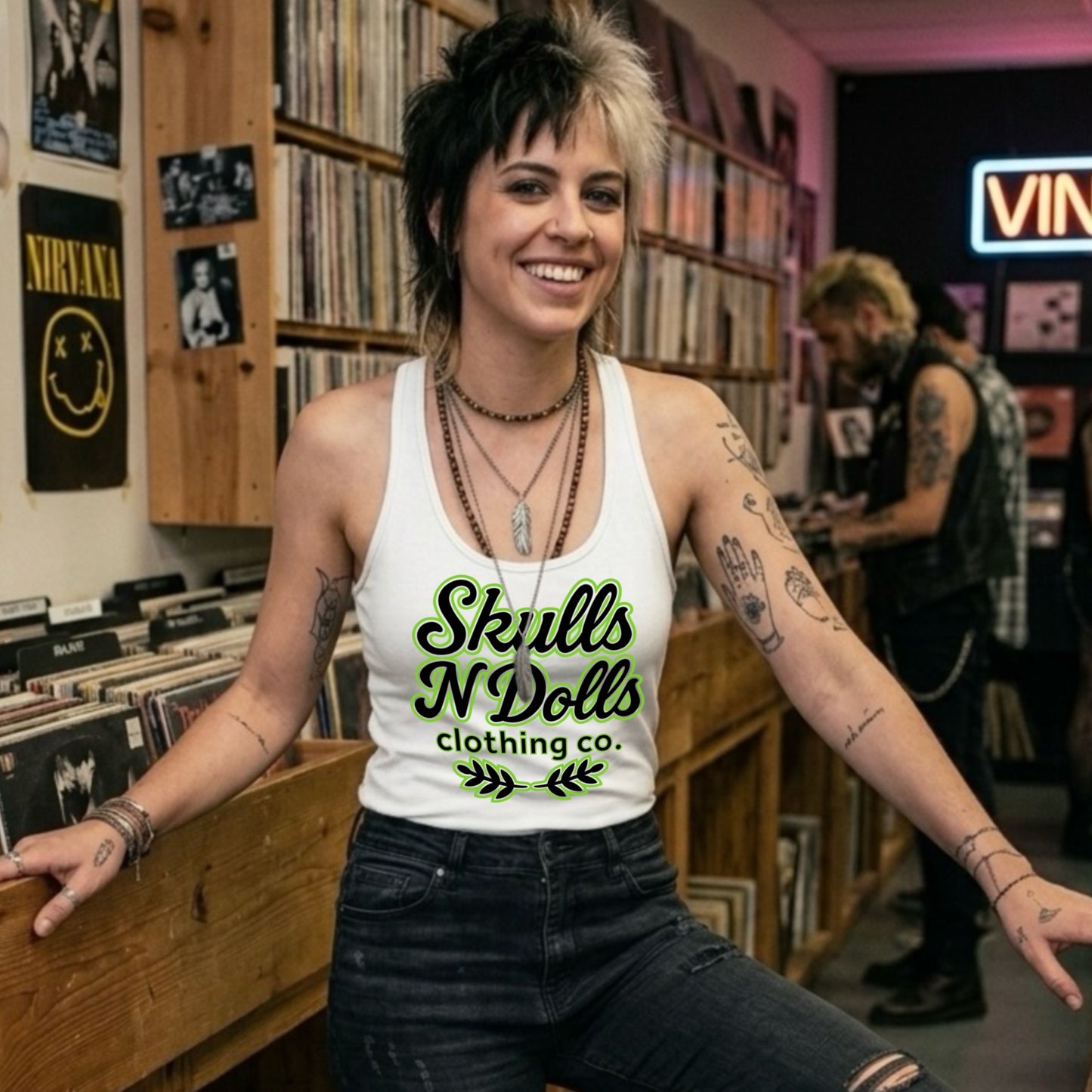 Women’s Skulls N Dolls Lime Green on White Signature Series Script Tank