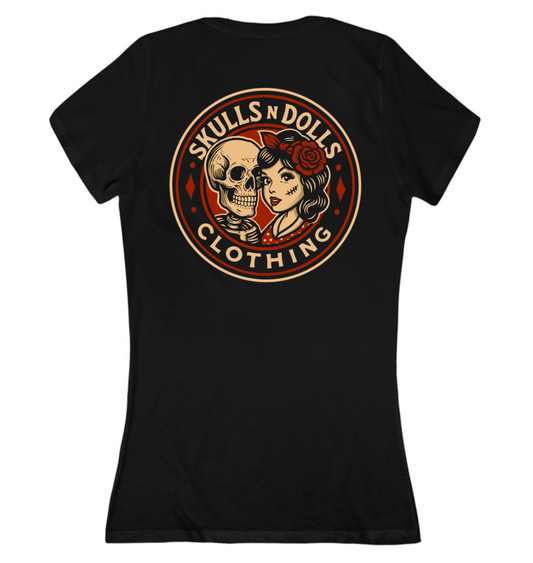 Women’s V-Neck Skulls N Dolls Retro Circle Logo
