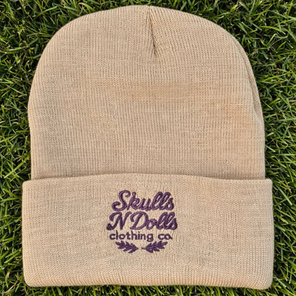 Skulls N Dolls Script Logo Beanie - Black/Olive Green/Tan